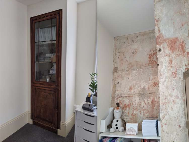 Historic houses: The old wooden Georgian cabinet (left) and horsehair plaster in Katie Lovatt's office (right) (Images: Ellie Brown)
