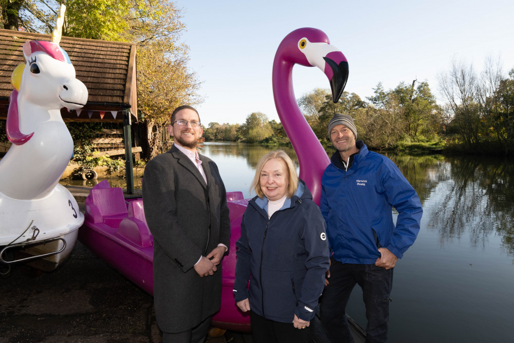 From left - Richard Lewis (HCW Head of Collections); Cllr Heather Timms and Matt Bishop (Director of Warwick Boats and the Leam Boat Centre). Image via Warwickshire County Council