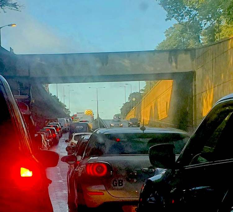 Cars at a standstill on Kingston bypass earlier today - part of the A3 near here is still shut, causing congestion (Image: Matt Melia)