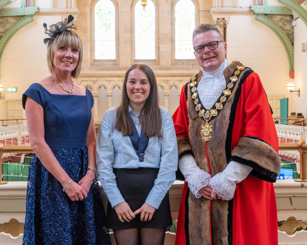 Mayoress, Helen Moreton and Cadet, Amelia Downing, with Mayor Rob Moreton. Image credit: Congleton Mayor.