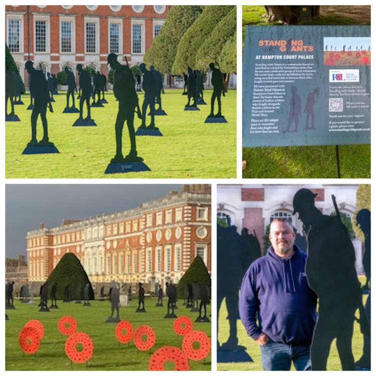 Clockwise from top left: silhouetted soldiers outside the palace; a board explains the installation; Standing with Giants founder Dan Barton;  screen-printed poppies and the silhouettes (Credit: Stuart Higgins)