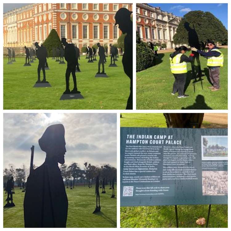 Clockwise from top left: silhouettes outside Hampton Court Palace; installing the silhouettes (Image: Standing with Giants); a board with information about the Indian Camp at the palace; one of the special Indian silhouettes commissioned for the project (