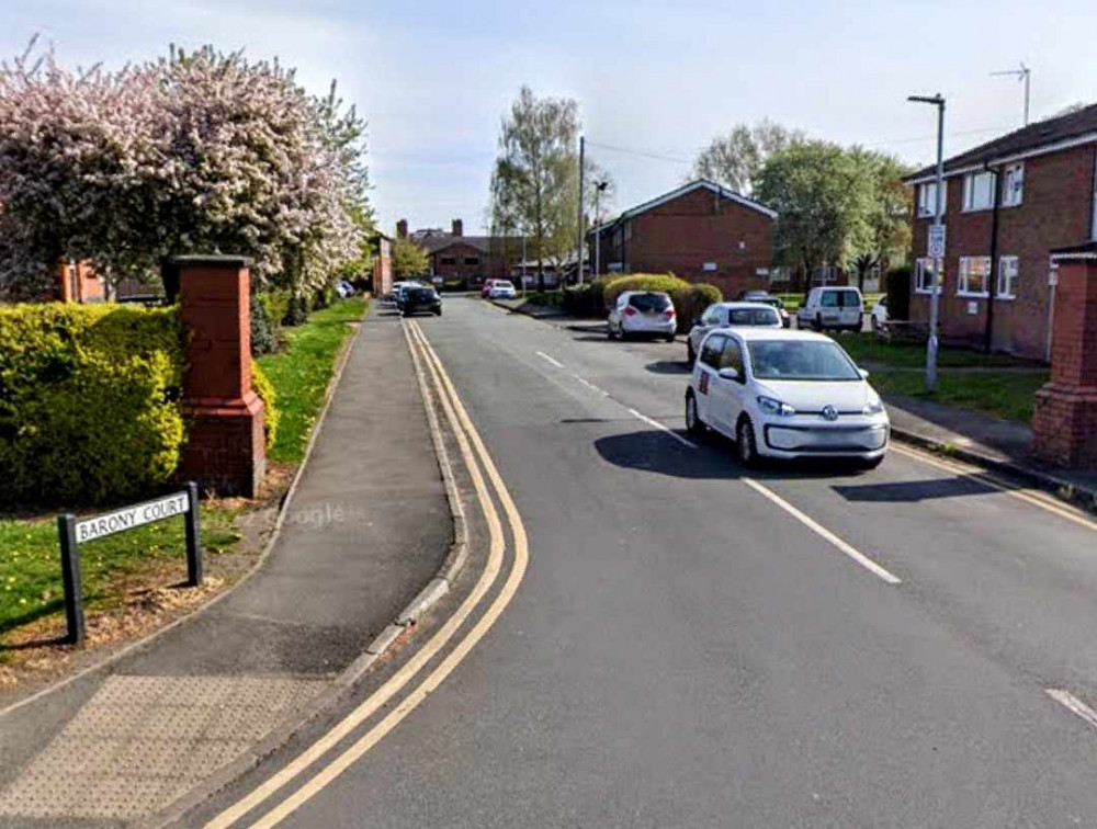 30 officers from the Local Policing Unit (LPU) conducted several warrants at homes in Crewe and Nantwich, including Barony Court (Google).