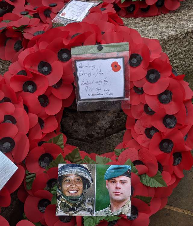 Angie's wreath for her friends Channing and Dave, who lost their lives nine years ago in Afghanistan (Photo: Ellie Brown)