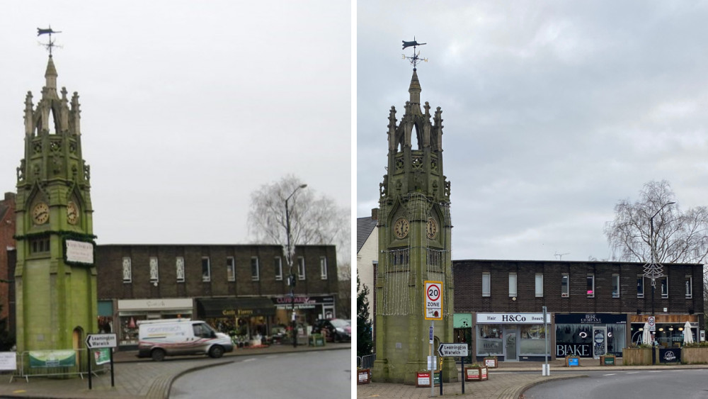 Kenilworth Clock Tower in 2013 (left) compared to 2023 (images by and James Smith)