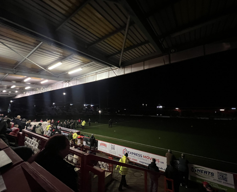 Lights out at Stevenage after The Lamex Stadium suffered a power outage on Friday evening. PICTURE: The view from the Stevenage press box. CREDIT: @laythy29 