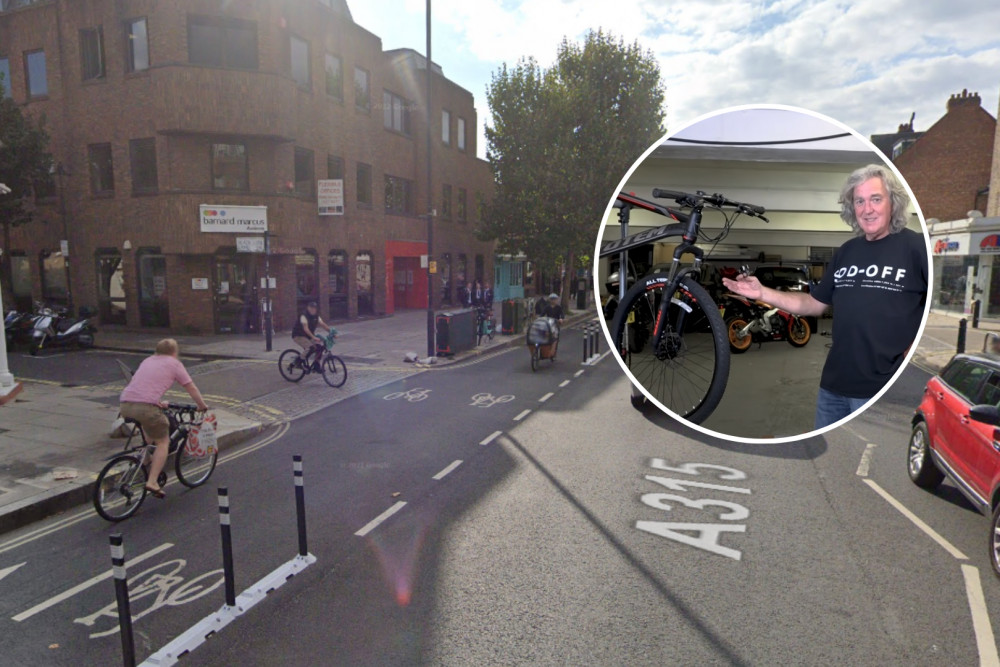 James May, who lives in Hammersmith close to Cycleway 9, thinks its 'very complicated and expensive' (credit: Google maps & Drive Tribe/ YouTube).