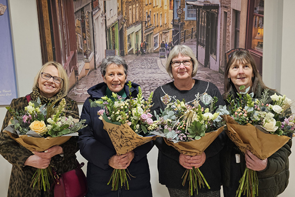 Sarah, Lucilla, Rosie and Helen after the presentation of flowers to mark they 30 years of service