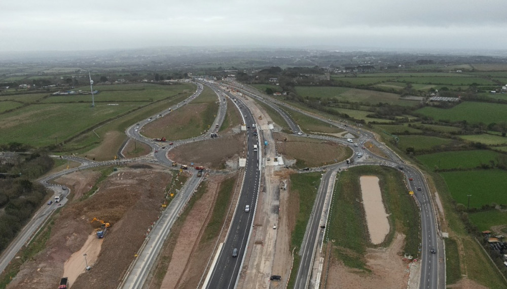  Caption: traffic using the newly opened flyover at the Chiverton interchange