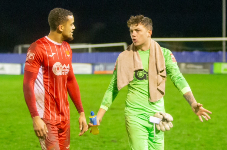 Felixstowe goal scorer Noel Aiken chats with debut making Josh Blunkell after draw at Brentwood (Picture: Stefan Peck)