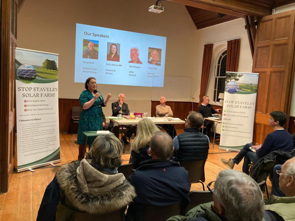 Rutland and Melton MP spoke at the meeting, having been incredibly vocal about her objection to the Mallard Pass Solar Farm also proposed for Rutland. Image credit: Rutland Solar Action Group.