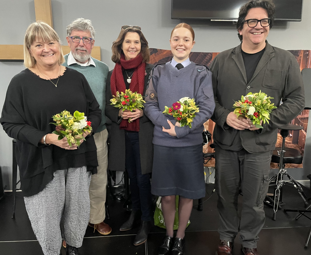 Paddy O’Hagan, second left, with the presenters Nicki Hall, Ruth Ames-White, Iris Marshall and Edgar Phillips at Wells SOUP!     Photo by Philip Welch