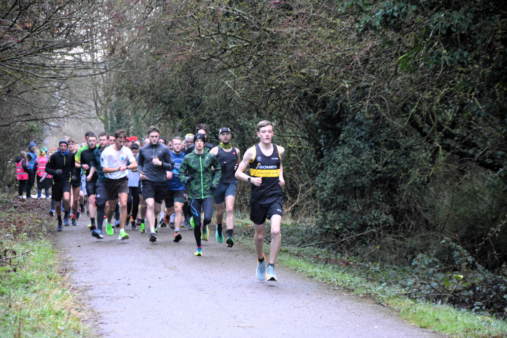 Running in Radstock last weekend and heading the pack Tyler Maule from Somer AC . Photo Somer AC