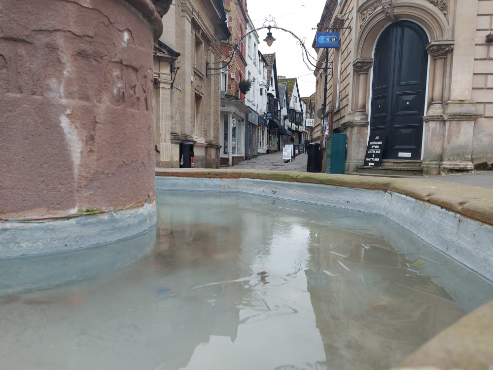 Ice in the Frome fountain looking up to Cheap Street Frome January 8 ( image by Frome Nub News) 