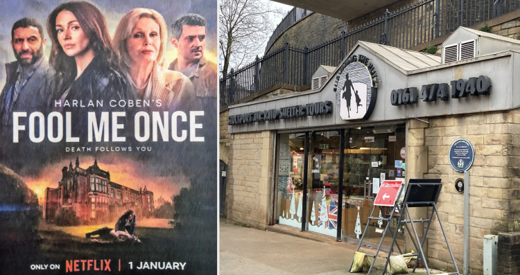 Stockport Air Raid Shelters featured in the new Netflix series 'Fool Me Once', as did Bramhall (Images - left: poster photograph taken by Ryan Parker / right: Alasdair Perry