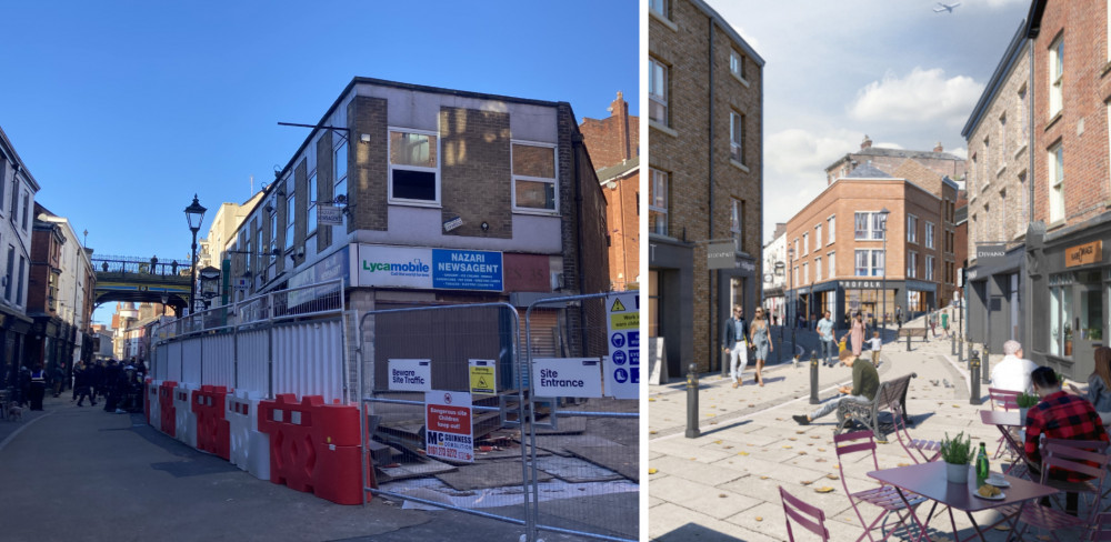 Work has commenced on converting a row of boarded up shops to 12 new apartments, at the junction of little Underbank and Mealhouse Brow (Images: L to R - Alasdair Perry / Broadgrove Planning & Development)