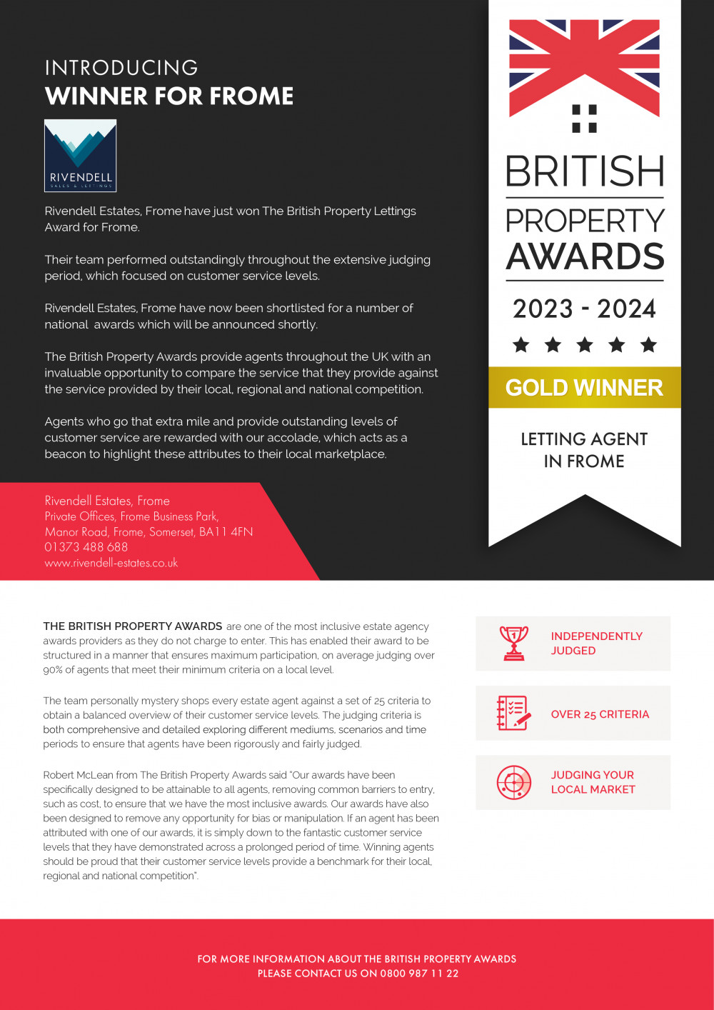 The property awards are highly sought after. Rivendell Estates of Frome wins Gold 