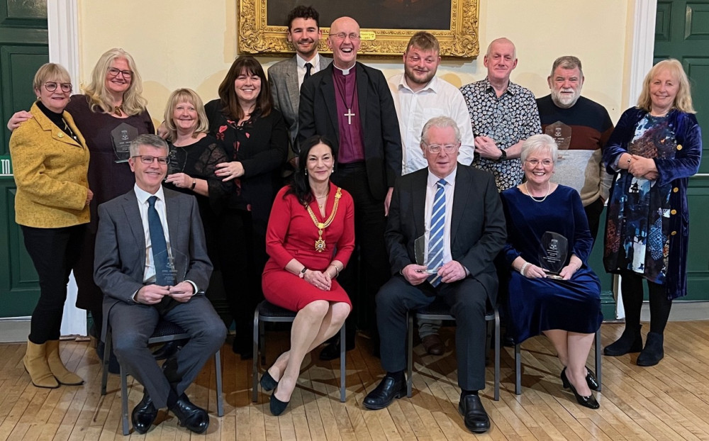 Winners at the Wells Civic Awards evening in the Town Hall on Friday with the Mayor, the Bishop of Bath and Wells and Charlie Taylor from BBC Somerset