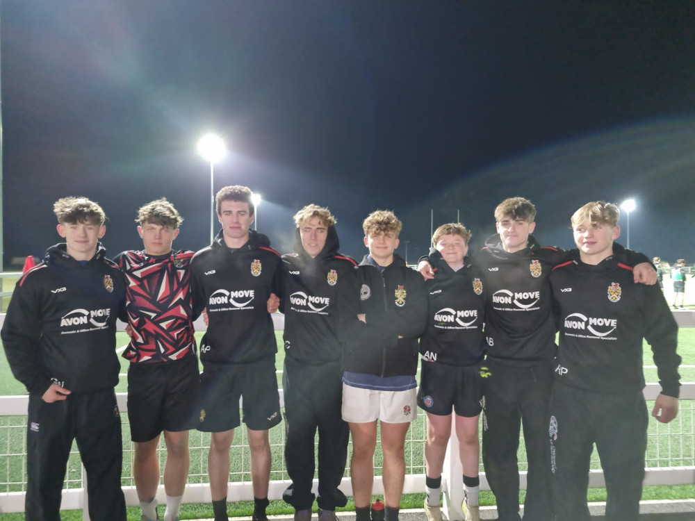 Players (left to right), Harrie Webster, Aelfric Bidder, Archie Pearn, Ewan Cox, Oscar Stickley, Alfie Newbery, Toby Cassidy and Rufus Phelps, image Frome RFC 