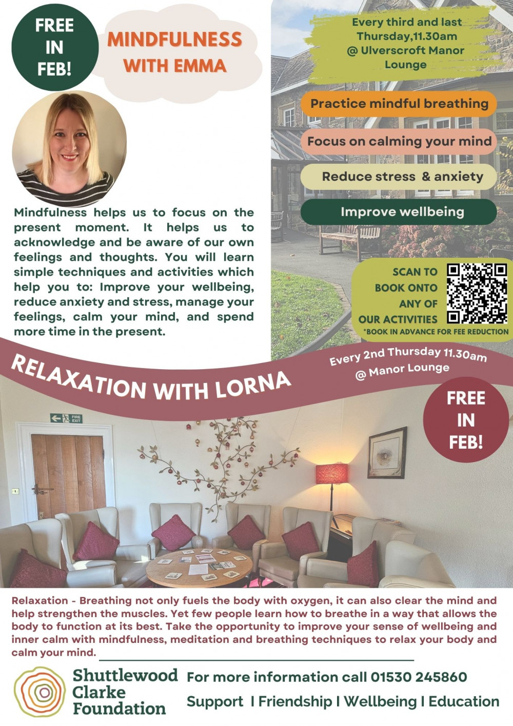 FREE wellbeing activities in February, Mindfulness and Relaxation at at Ulverscroft Manor, Priory Lane, Markfield, near Coalville