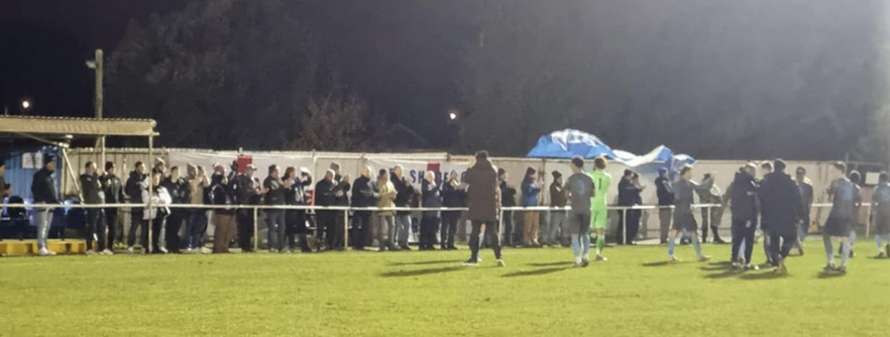 Grays players celebrate their win with fans at Ipswich. 