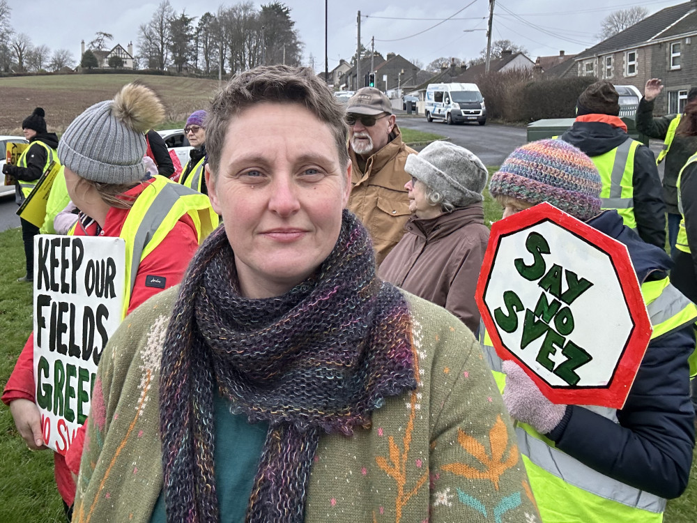 Cllr Sam Ross at a recent protest against the SVEZ on the edge of Midsomer Norton, image Bath and North East Somerset Green Group