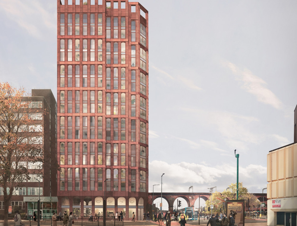 A new 16-storey block of apartments could be built on the site of the George Pub, in Stockport town centre (Image - Ollier Smurthwaite Architects)