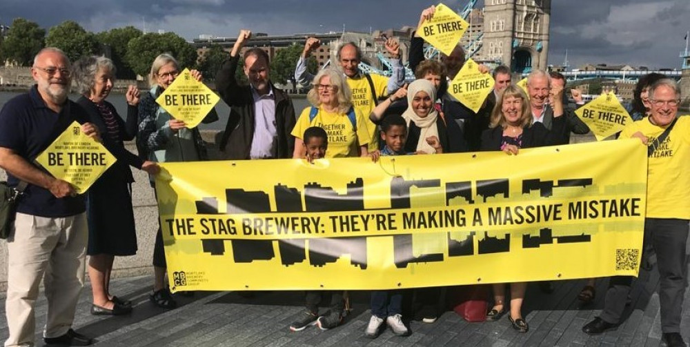 Mortlake Brewery Community Group (MBCG) at City Hall after Mayor of London Sadiq Khan refused the previous scheme in 2021. Credit: Mortlake Brewery Community Group