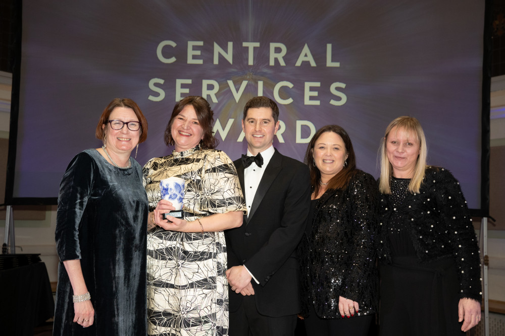 Lisa Armstrong, recruitment manager (second from left) collects her award from (L-R) Liz Jones, National Care Forum; Martin Rix, Belong Chief Executive; Rebecca Woodcock, Belong Head of Operations; Sue Goldsmith, Belong Chief Operating Officer (Belong).