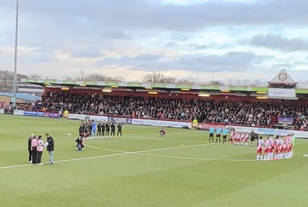 Inspirational grief stricken sisters Sophie and Holly Sharpe speaking movingly before kick-off, helped by Stevenage PA Jay Drackford and boosted by the support of both Stevenage and Blackpool fans present. CREDIT: @laythy29 