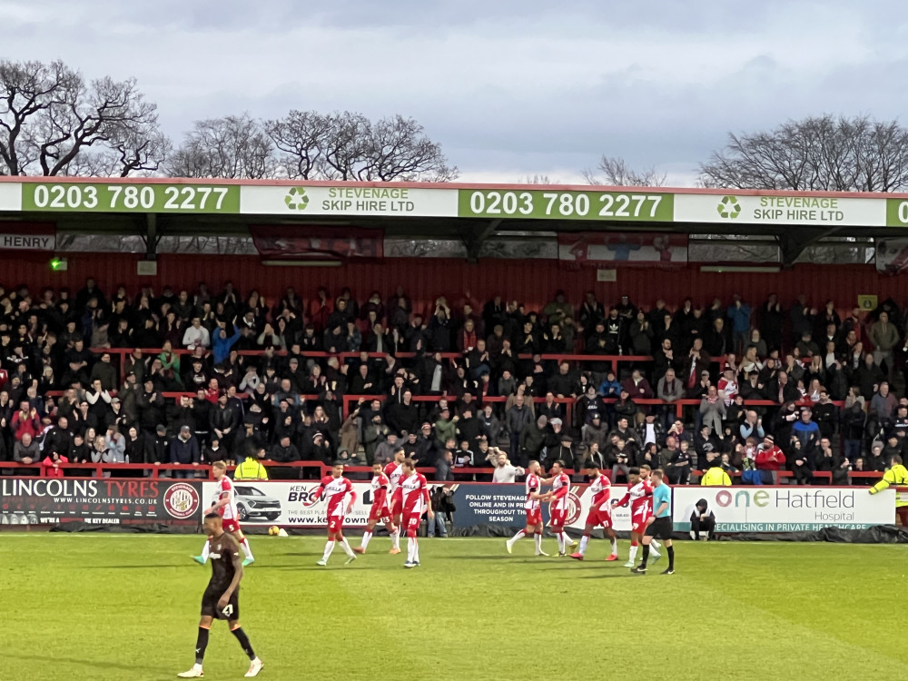 Three Things We Learned from Stevenage beating Blackpool. PICTURE: The Stevenage team and fans on the East Terrace celebrate Jake Forster-Caskey's 85th minute winner at the Lamex on Saturday. CREDIT: @laythy29