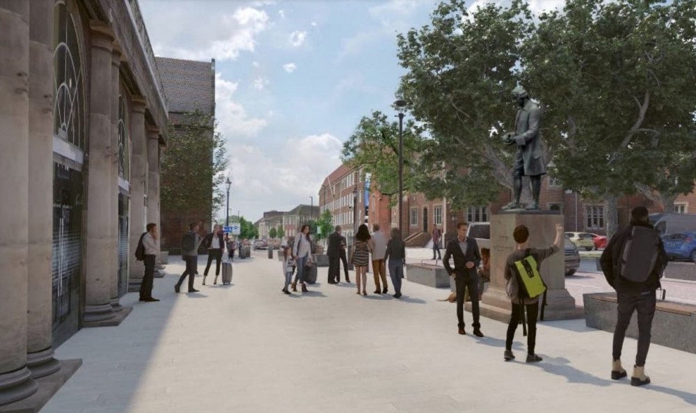 The historic Josiah Wedgwood statue could be moved across the road as part of plants to revamp Station Road (Stoke-on-Trent City Council).