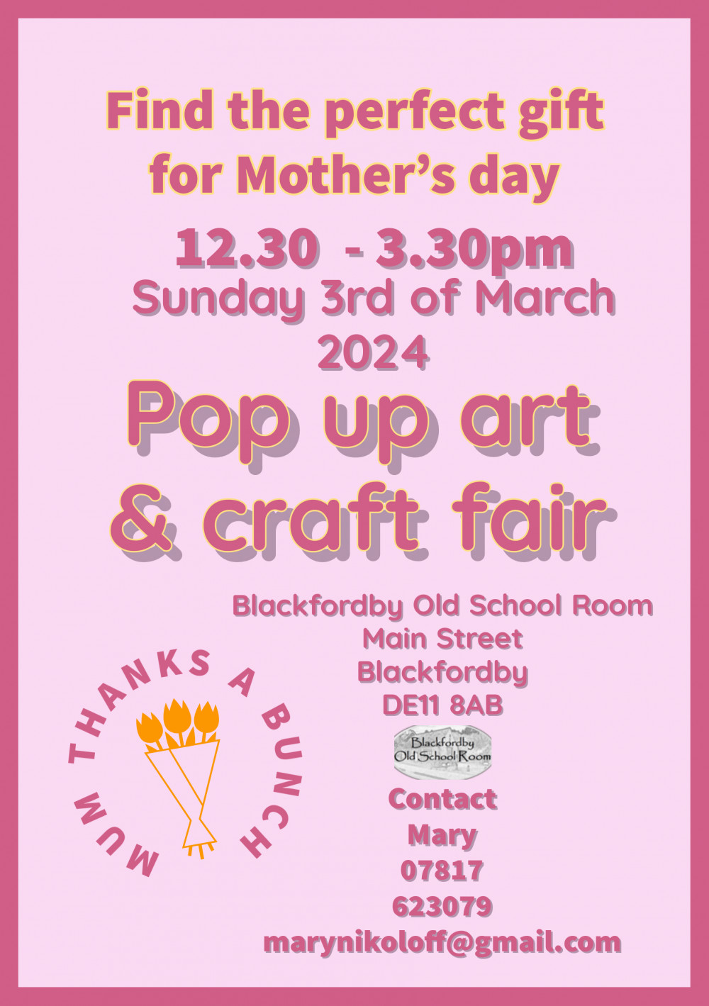 Pop up Art and Craft Fair at Blackfordby Old School Room, Main Street, Blackfordby, near Ashby de la Zouch