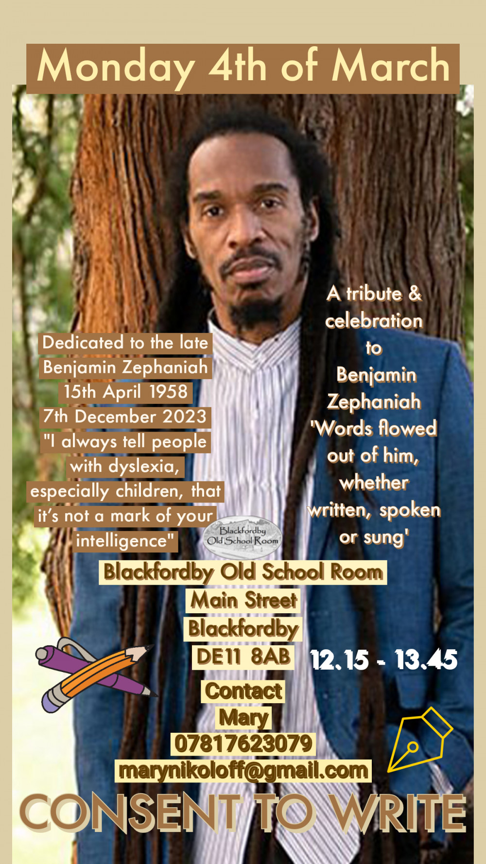 Tribute writing workshop to late Benjamin Zephaniah at Blackfordby Old School Room, Main Street, Blackfordby, near Ashby de la Zouch