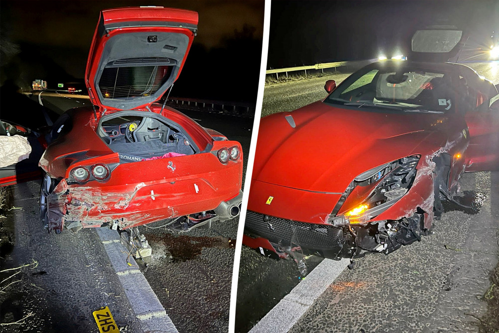 The Ferrari 812 Superfast was crashed on the A46 on Valentine's Day (image via SWNS)