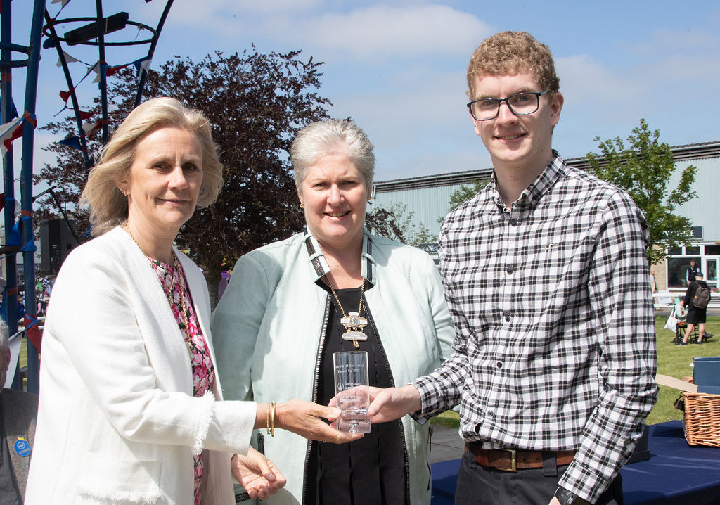   Runner Up Aidan Coe with Joint President Lady Radnor and Society Chairman Catherine Look.  