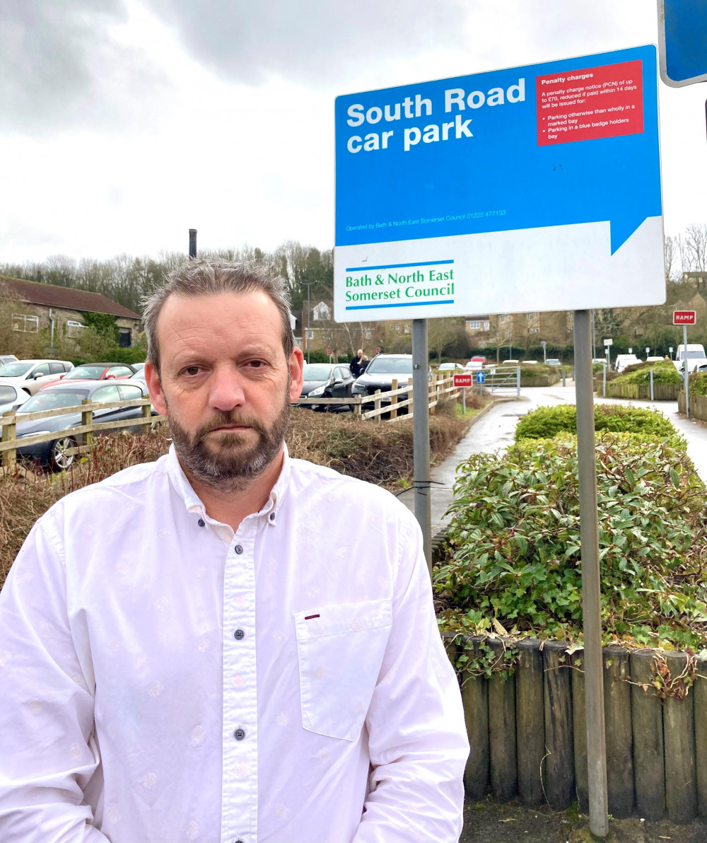 Cllr Gavin Heathcote at the South Road Car Park in Midsomer Norton. Lib Dem-run B&NES Council want to introduce parking charges here which would be catastrophic for local businesses. 