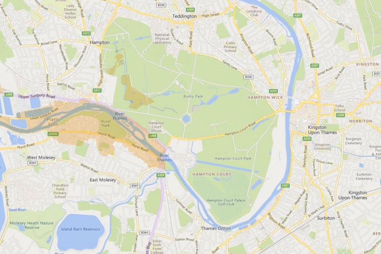 The flood area west of Hampton Court may cause traffic disruption in nearby Teddington and Kingston-upon-Thames (Photo: Microsoft Corporation/TomTom via gov.uk)