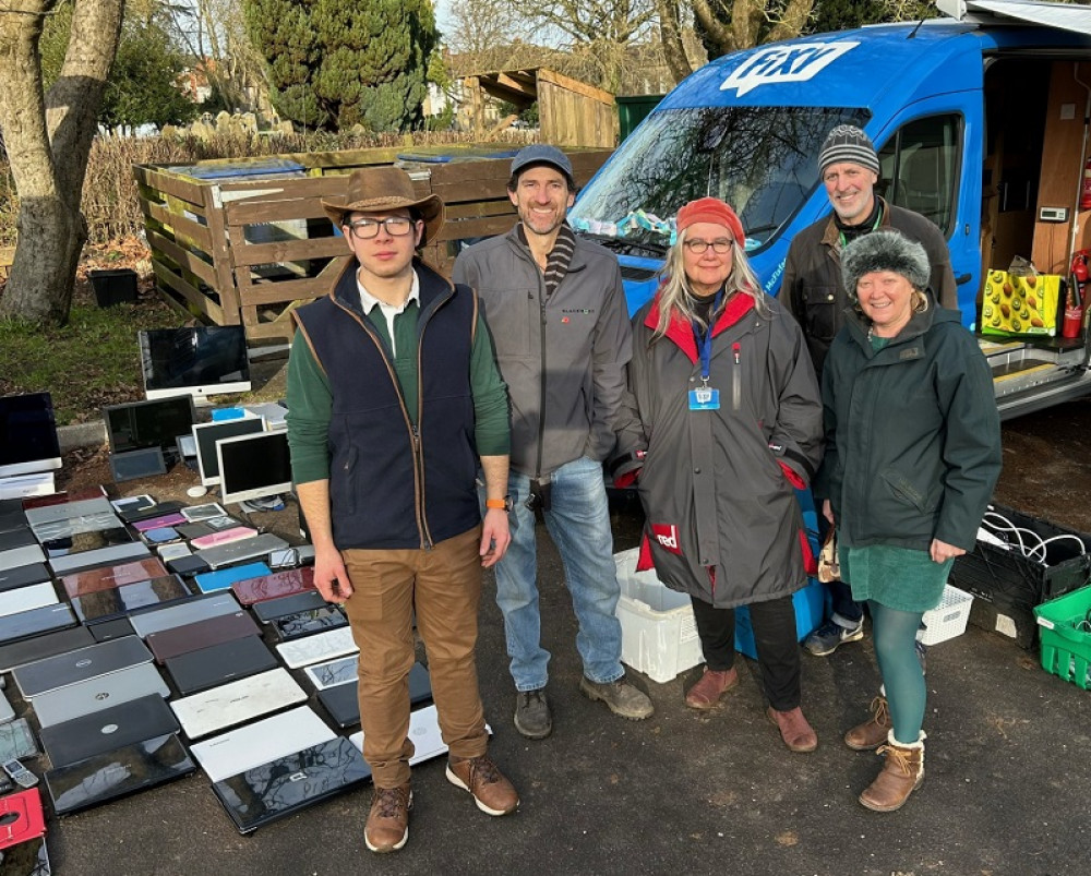 Kyle Budd and Simon Barfoot (Donate It), Linda Hull (Fixy), Will Palmer (Donate IT) and Cllr Anne Hills at the amnesty, image Frome Town Council