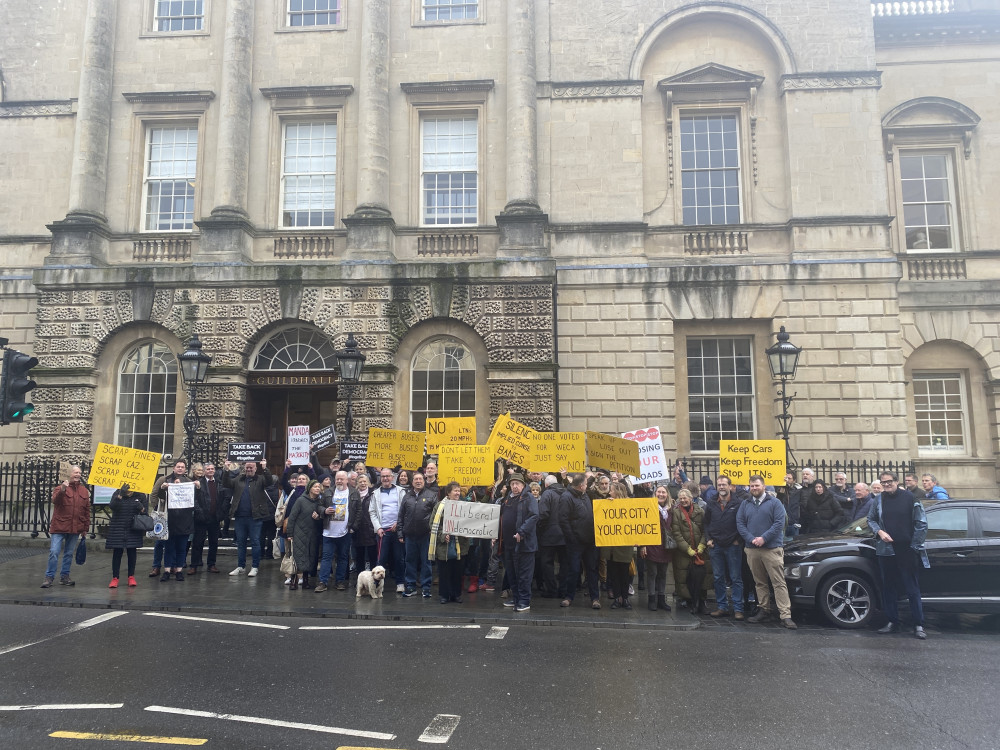 People opposed to liveable neighbourhoods protest outside Bath's Guildhall on February 19, image John Wimperis