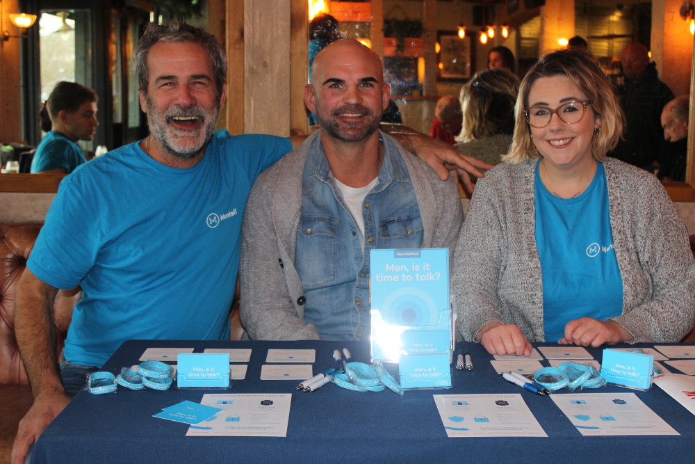 Nick (left), Pete (centre) of Mentell Macclesfield, with Mentell Chair Alanna (right). (Image - Alexander Greensmith / Macclesfield Nub News)