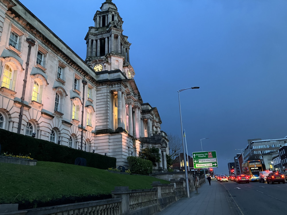 Stockport town hall before the council's budget meeting on Thursday, February 22, 2024 (Image - Declan Carey / LDRS)