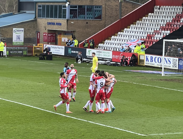 Stevenage 1-0 Wycombe Wanderers. PICTURE: The Stevenage team celebrate captain Carl Piergianni's goal. CREDIT: @laythy29 