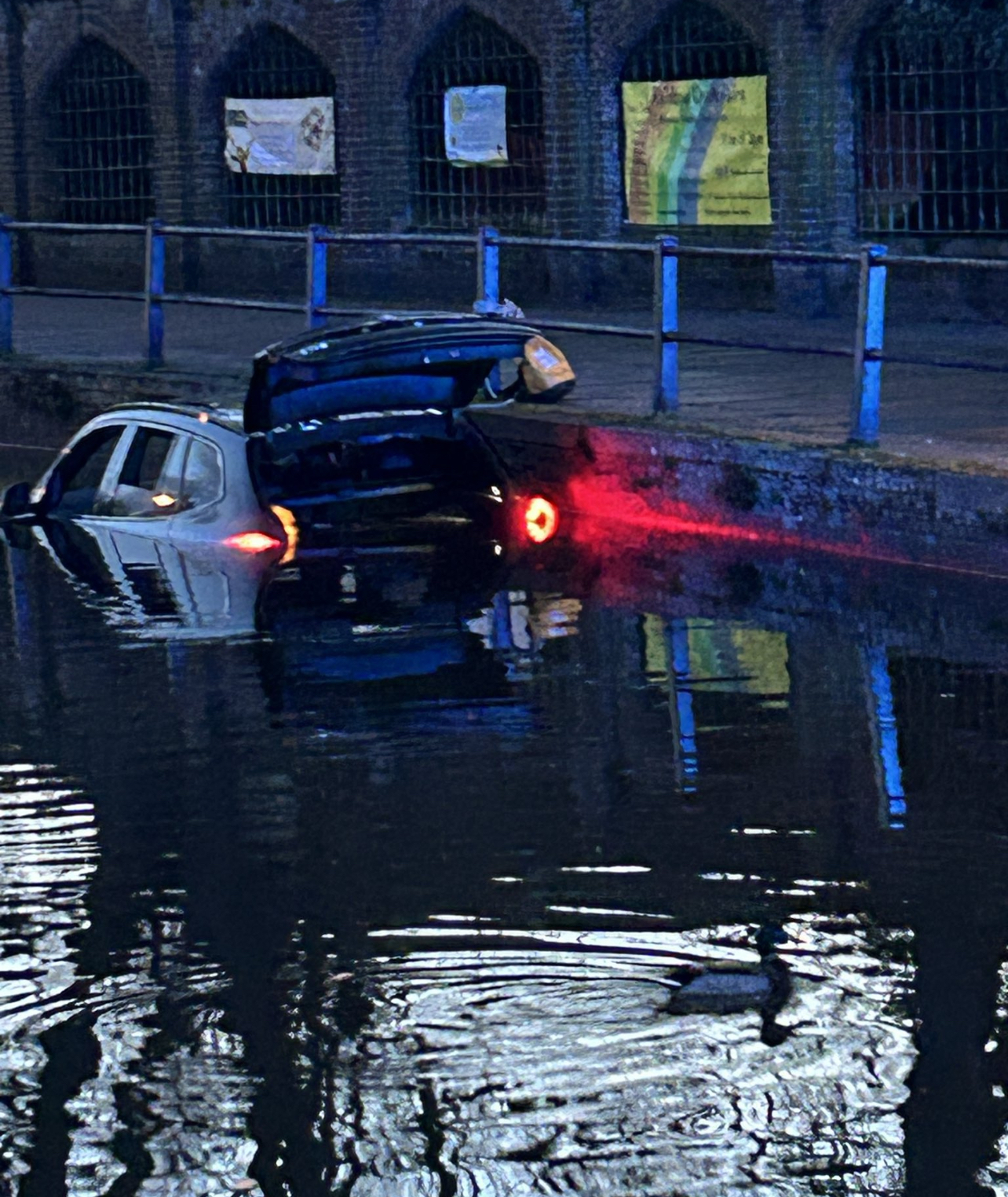 Making a splash: SUV ends up in the River Hiz after taking the wrong turn in the wrong gear. CREDIT: Supplied to Nub News 