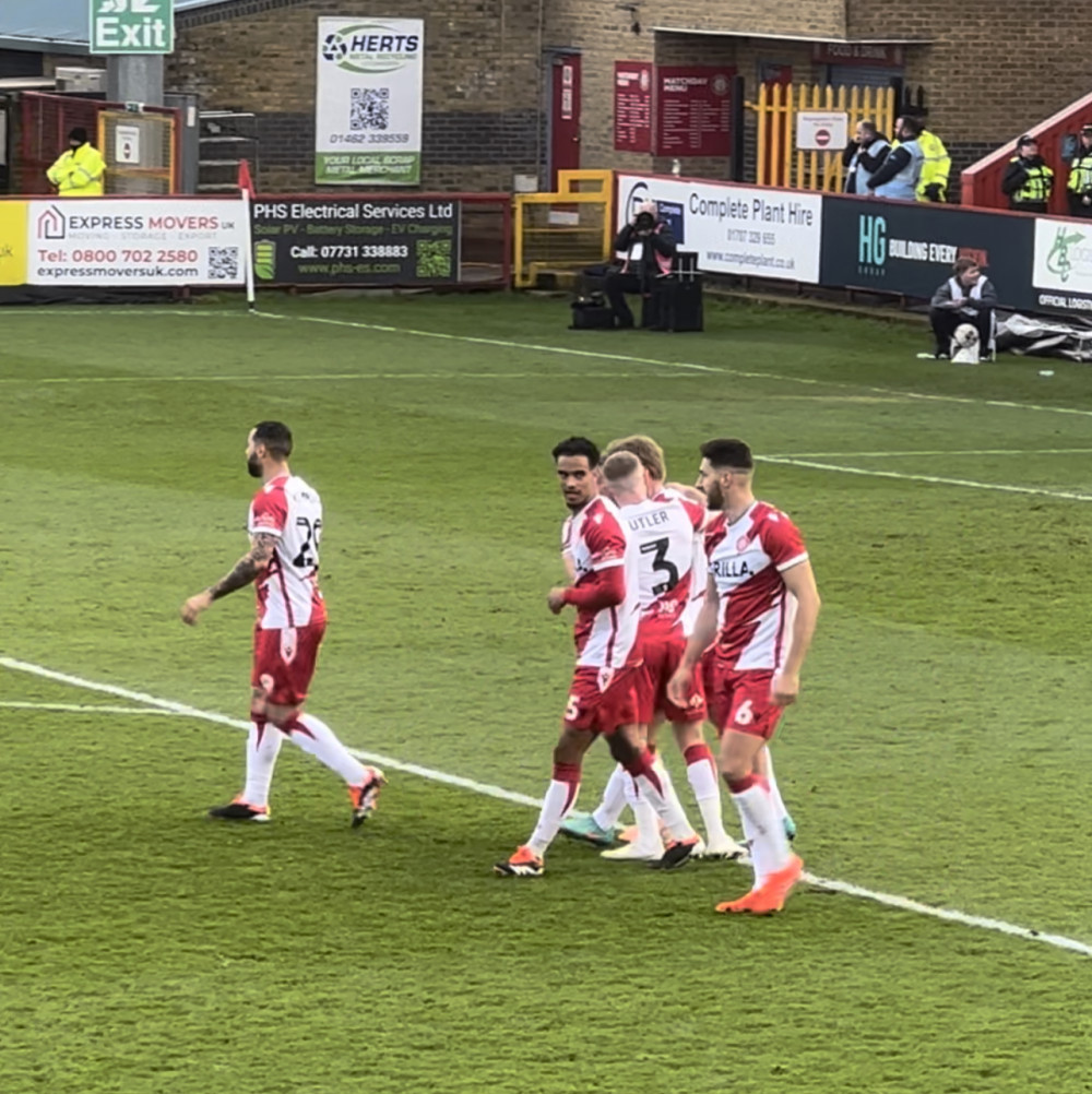 Player Ratings: Stevenage 1-0 Wycombe. PICTURE: The Stevenage team celebrate captain Carl Piergianni's goal. CREDIT: @laythy29 