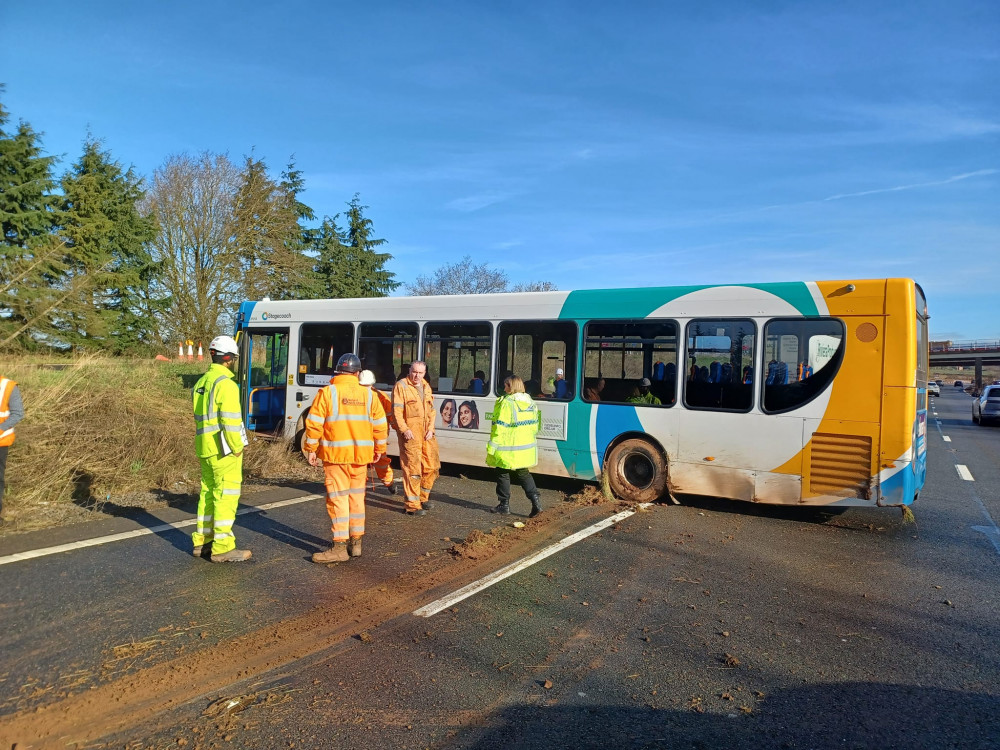 Nobody was hurt in the bus crash on the A46 (image via Warwickshire OPU)