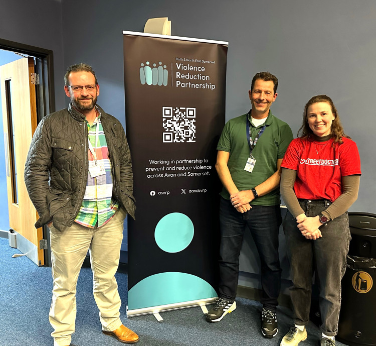 Pictured is Cllr Gavin Heathcote at the Knife Crime Awareness Event at Writhlington School with the inspector in the Early Intervention’s Team for Avon and Somerset Police (centre) and Tilly - a qualified doctor who also works as a street doctor.