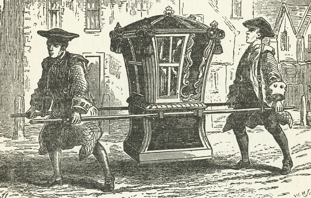 A drawing of a sedan chair and bearers, copied from a print by W P Nimmo, Hay & Mitchell.