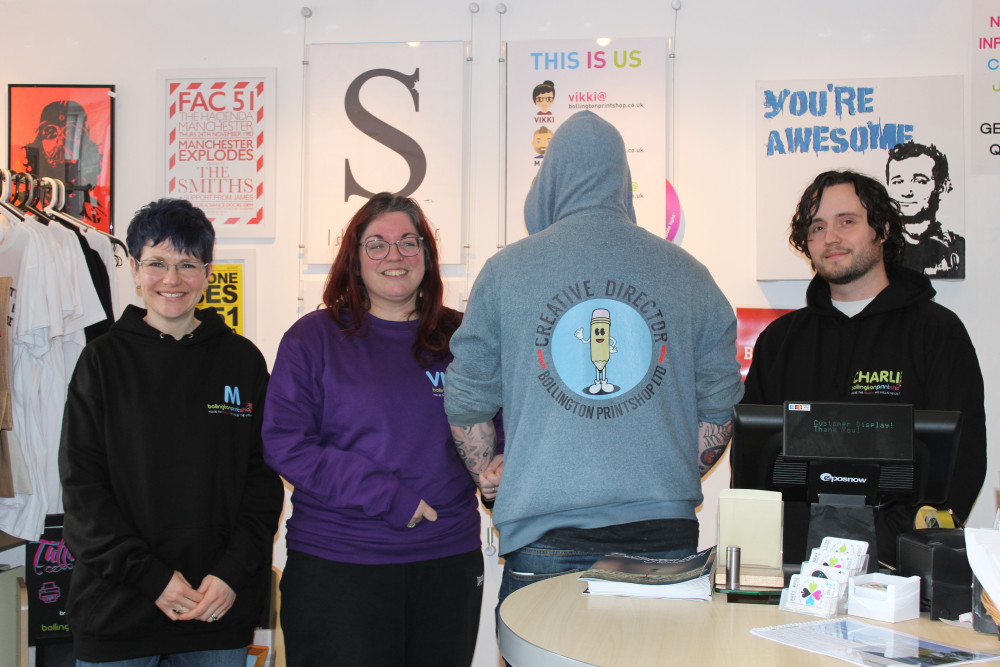 An independent Bollington business have become a fantastic four! Pictured is M, Vikki, Matt and Charlie of Bollington Printshop. (Image - Macclesfield Nub News)