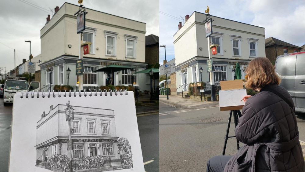 Artist drawing every London pub sketches Twickenham's The Rifleman. (Photo Credit: Lydia Wood). 